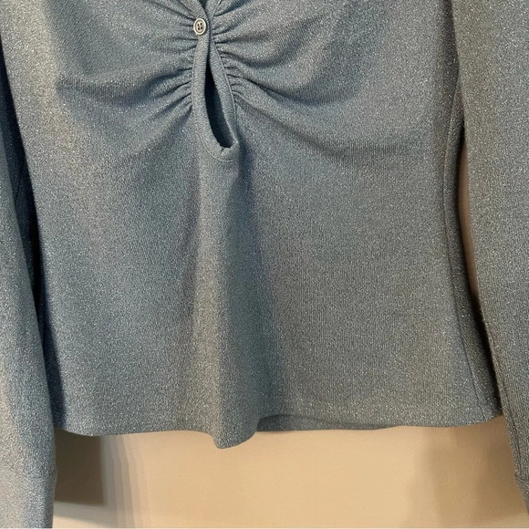 Zara Button Front Ruched Cutout Long Sleeve Light Blue Sparkle Top Size M NWOT - Picture 3 of 9